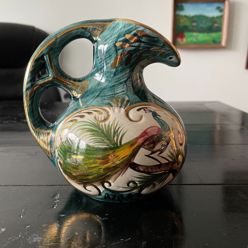 Vintage Belgium CeramicJug Pitcher hand painted peacock